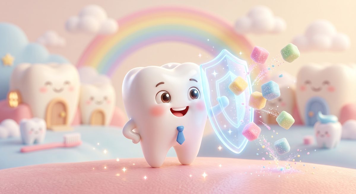 Ilustración 3D de un diente sonriente con corbata que bloquea dulces con un escudo luminoso