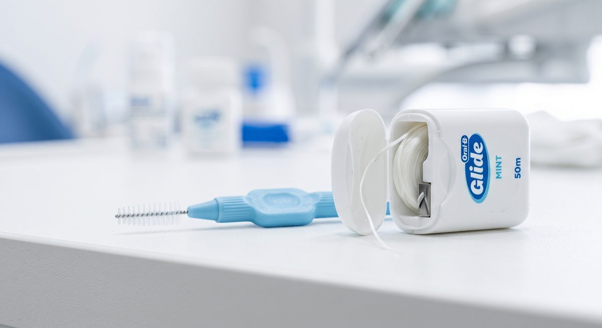 Cepillo interdental azul junto a un estuche de hilo dental sobre mesón blanco de consultorio