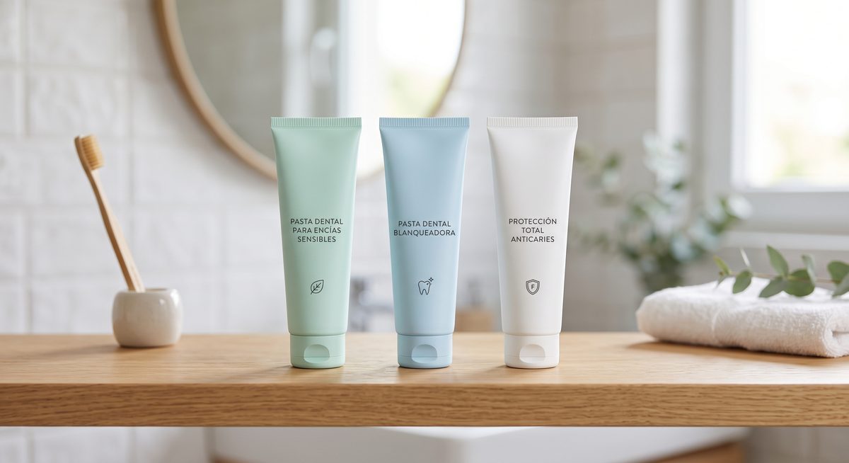 Tres tubos de pasta dental para encías sensibles, blanqueadora y anticaries sobre un mueble de baño