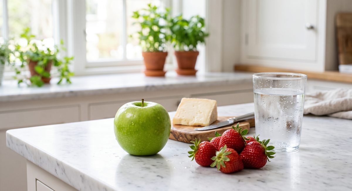 Manzana verde, fresas, un trozo de queso y un vaso de agua sobre mesón de cocina