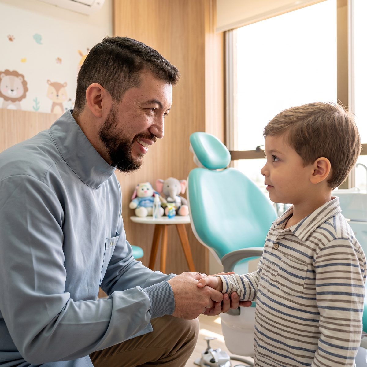 Odontólogo sonriente saluda de mano a un niño en un consultorio infantil con silla turquesa