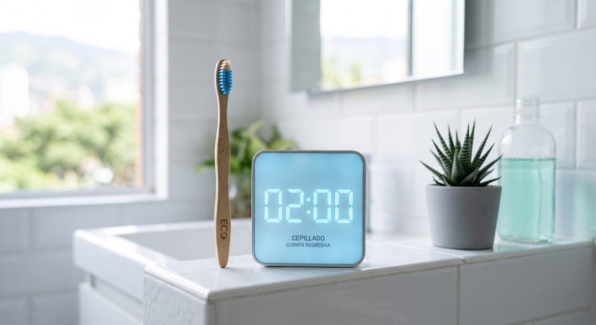 Cepillo de bambú junto a un temporizador digital que marca 02:00 en baño blanco