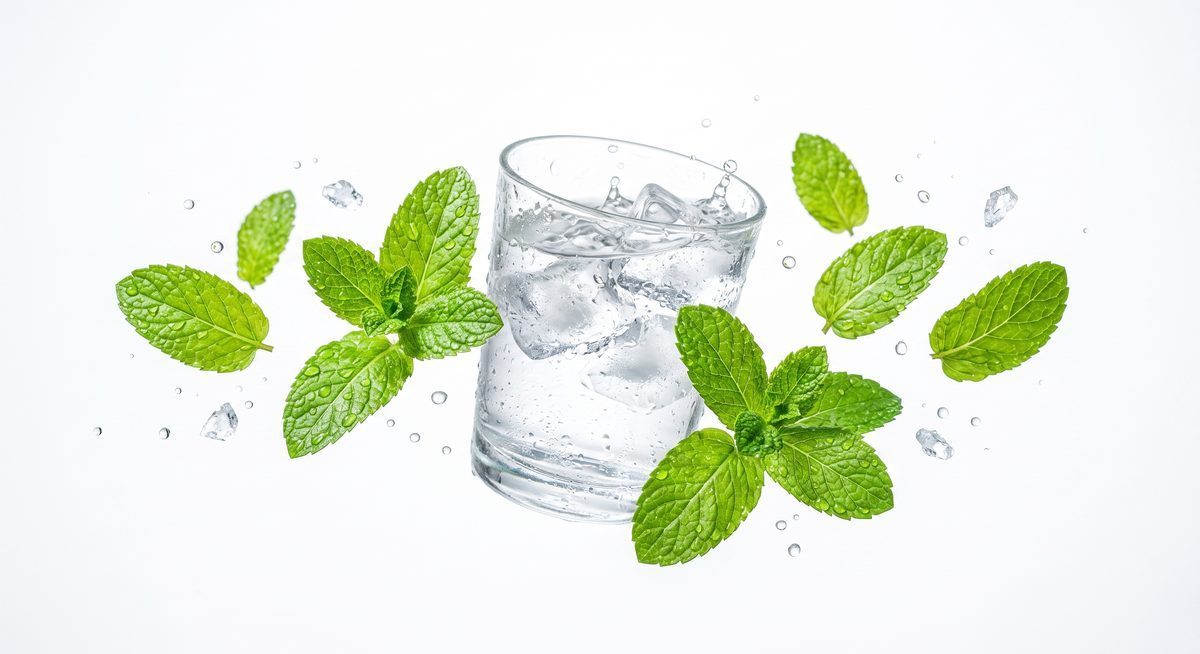 Vaso de agua con hielo rodeado de hojas de menta flotando sobre fondo blanco