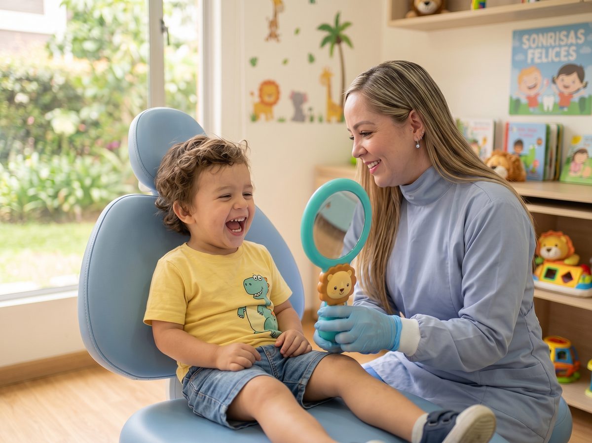 Niño riendo en un sillón dental mientras una odontóloga le muestra un espejo de mano