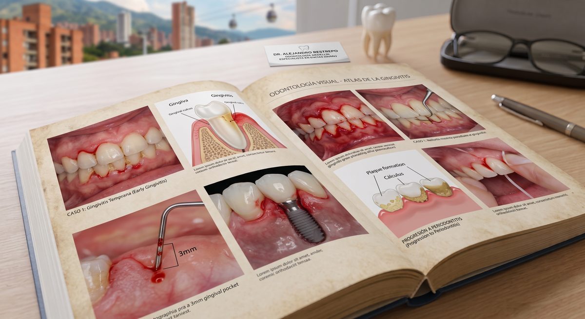 Atlas de odontología abierto con fotos clínicas de encías inflamadas y sangrantes sobre un escritorio